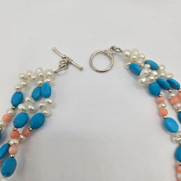 Vintage Turquoise Rice Beaded Necklace Coral Pearls Multi Strand 925 Sterling - Picture 2 of 4